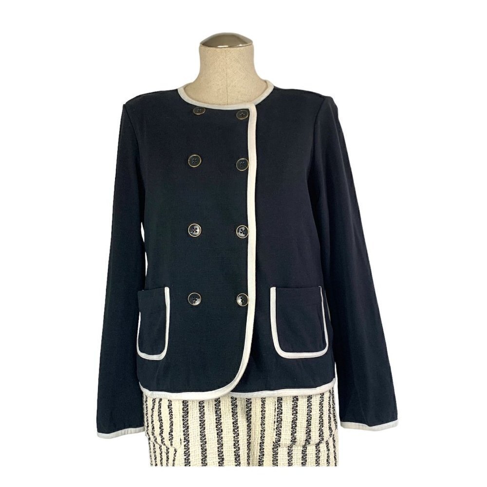 Land's End Double Breasted Knit Cotton Blazer - Navy Blue, White Piping, Size 10